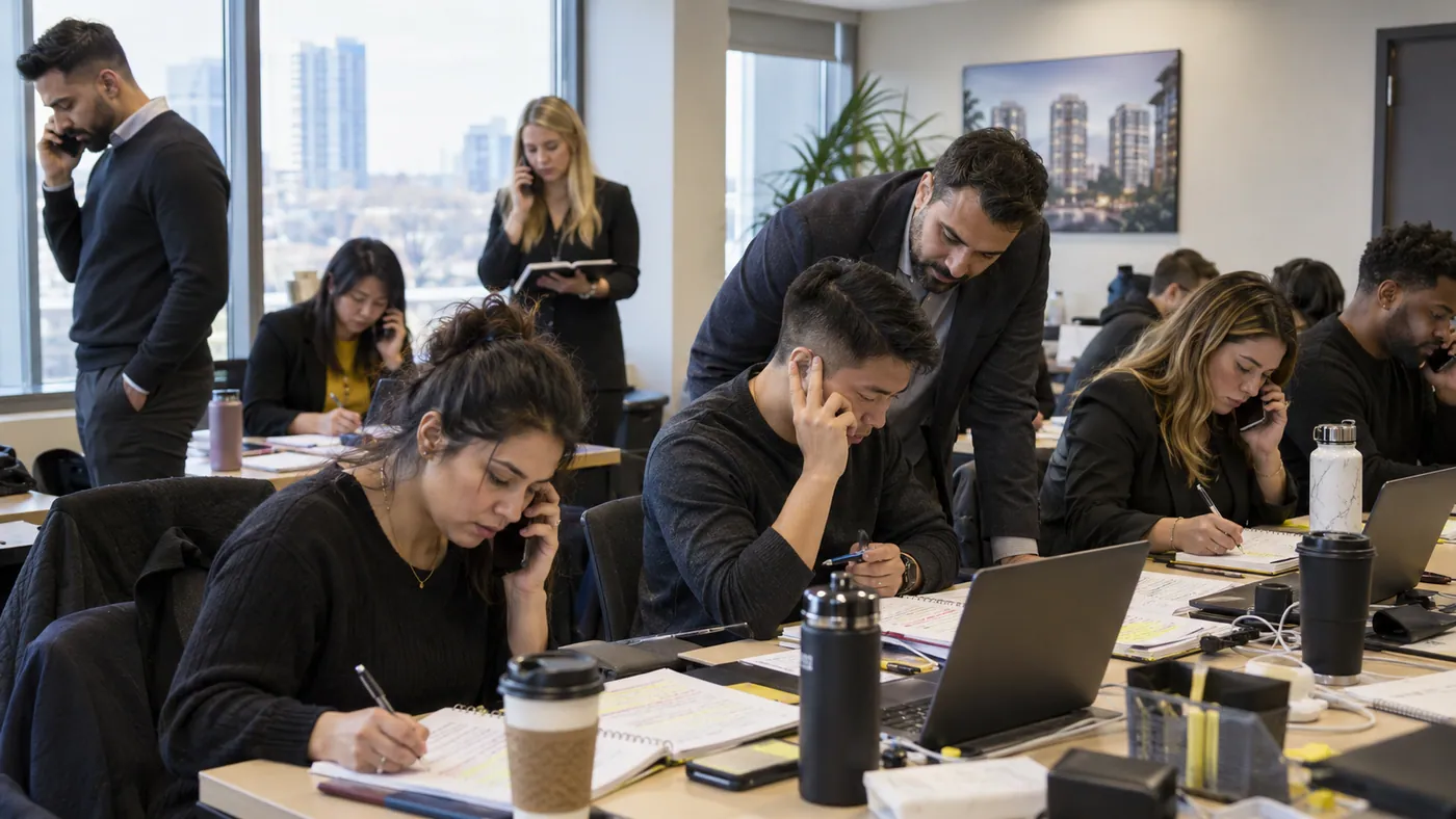 New Realtors making live prospecting calls while receiving hands-on coaching